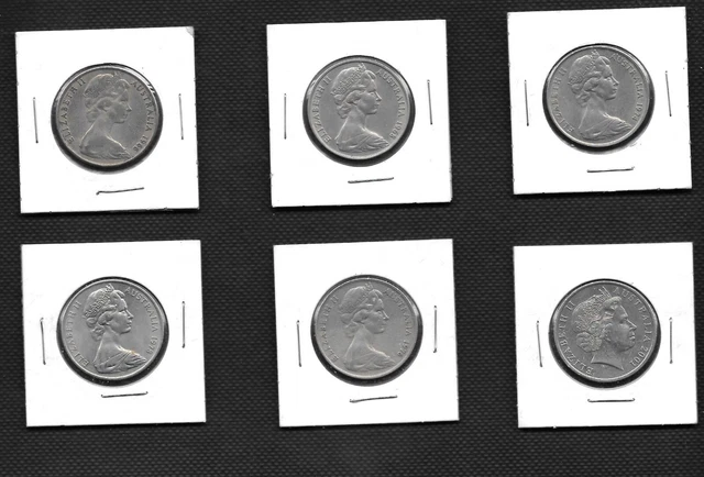 Australia, 6 x 20 Cent Coins - Queen Elisabeth II 1966,68,74,76,78 & 2001
