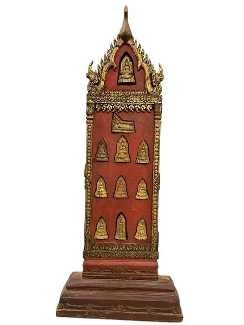 Antique Asian Buddhist votive tablet, niche plus 11 buddhas early 20th century