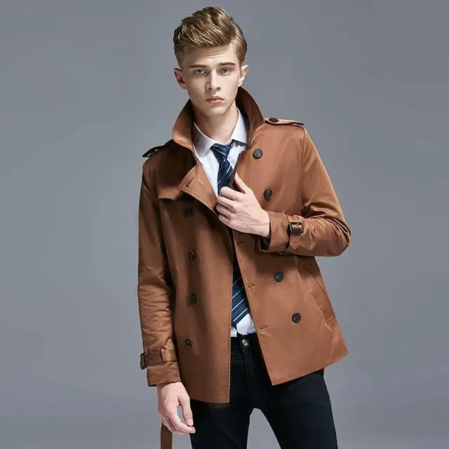 Nuove giacche alla moda coreana da uomo doppio petto risvolto slim trincea corta 2