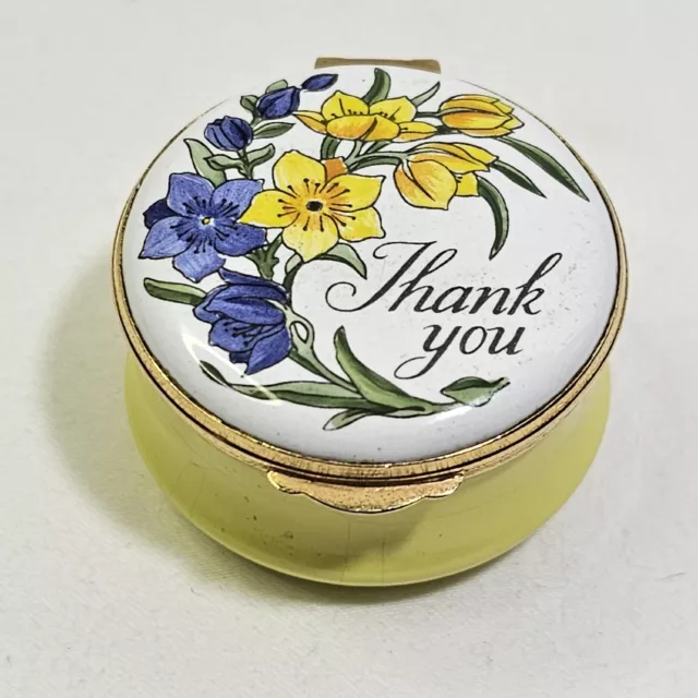 Crummles & Co England Thank You Yellow Enamel Trinket Box  With Daffodils 1 3/4"