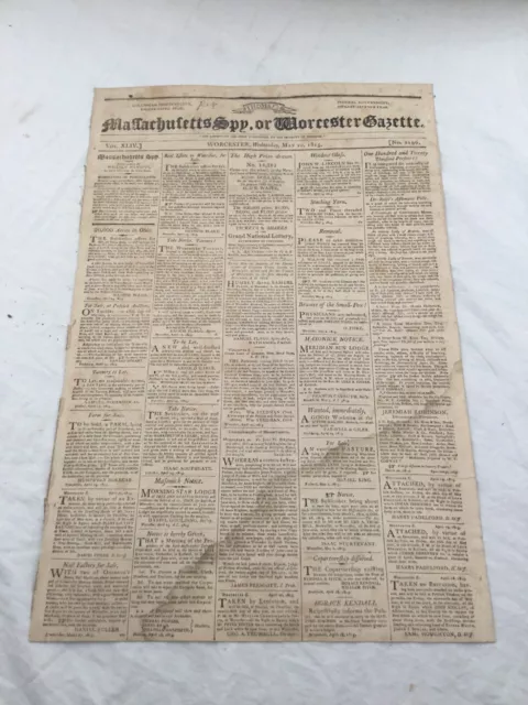 Massachusetts Spy or Worceser Gazette May 13th 1812 Vintage Newspaper Antique