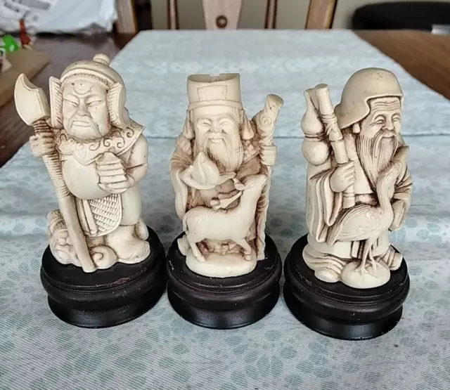 Vintage Chinese Carved Wooden Figurines on Wooden Bases - Lot of 3! High Detail