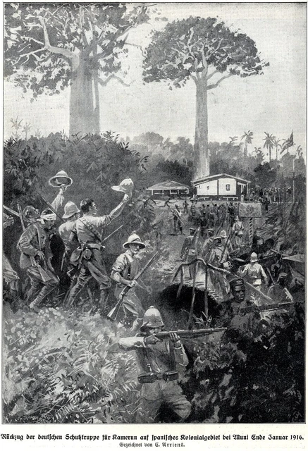 1916 Ostafrika: Rückzug der Schutztruppe für Kamerun bei Muni * antique print