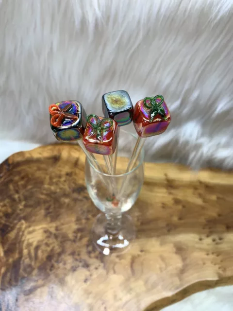 Vtg Swizzle Stir Sticks Glass Christmas Cocktail Presents Set of 4 Unbranded