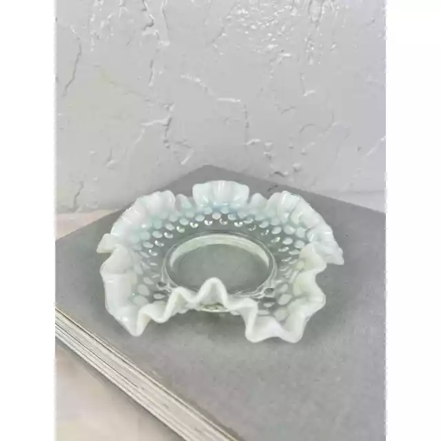 Fenton White Opalescent Ruffled Hobnail Candy Dish Vintage Handmade 6”