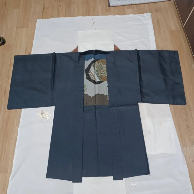 Japanese Kimono Men's HAORI Antique Embroidery with patterns Color : Navy Blue