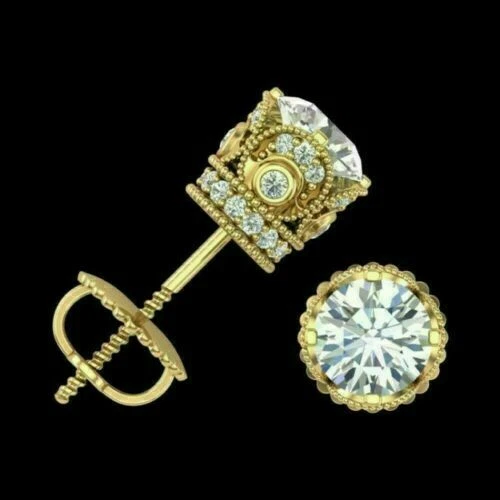 2Ctw Round Cut Moissanite Screw Back Solitaire Stud Earrings Real14K Yellow Gold