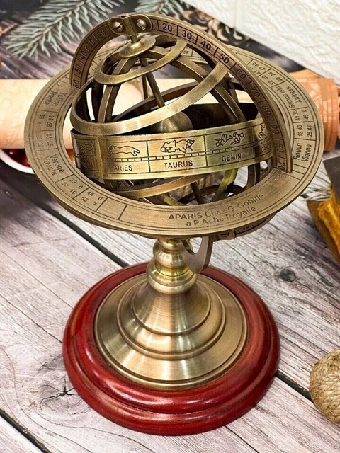 Sphère Armillaire En Laiton Vintage – Décoration Nautique, Base Bois, 45 Cm De Haut