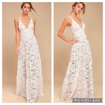 dress the population LULUS Melina Gold and White Lace Maxi Dress womens XS
