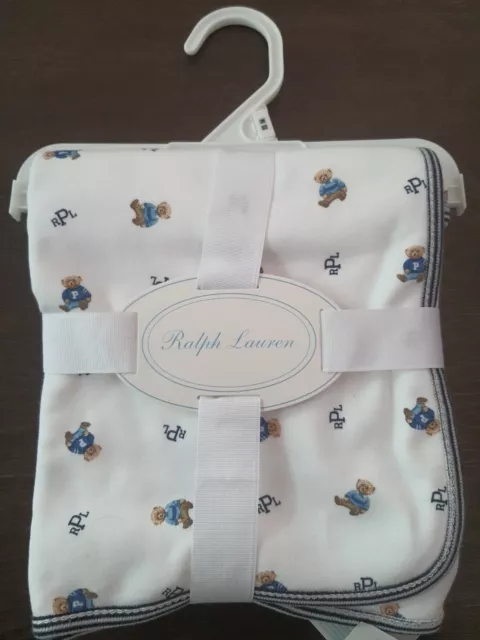 Polo Ralph Lauren NWT Reversible Baby Boy Blanket Teddy Bear Print in white Blue