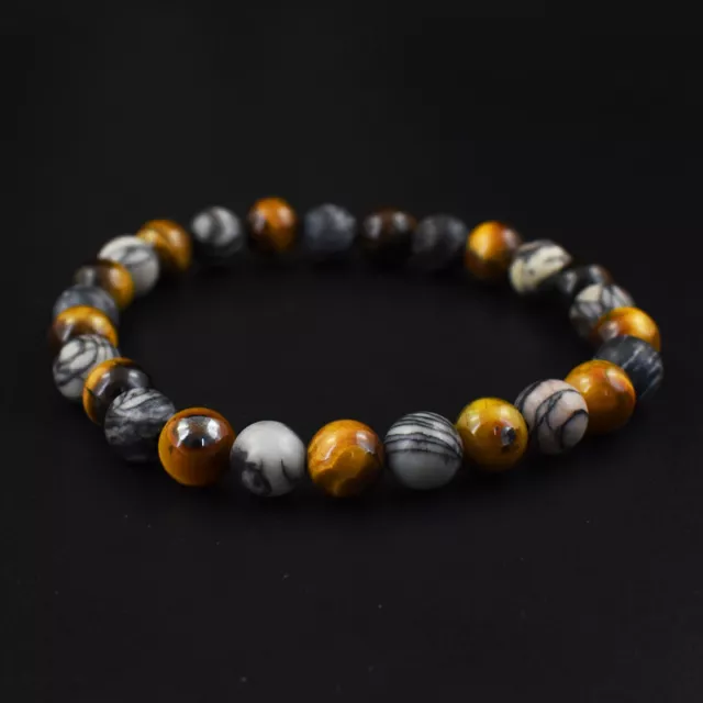 104 Cts Natural Picasso Jasper & Tiger Eye Beads Stretchable Bracelet JK 50E321