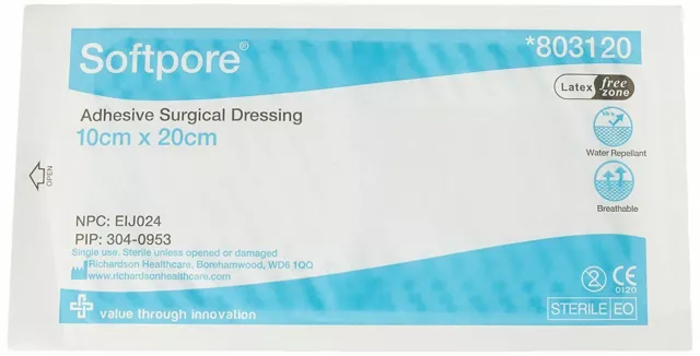 Softpore Adhesive Surgical Dressing Water Repellent Sterile 10x 20cm Single Use