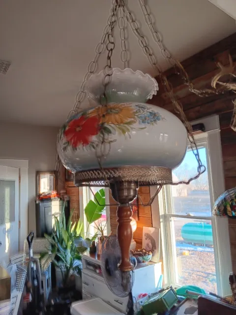 ANTIQUE Glass Hanging CHANDELIER LAMP Floral Swag Milk Glass Shade