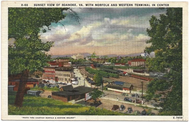 Roanoke Virginia VA Norfolk & Western Terminal Sunset View Linen Postcard