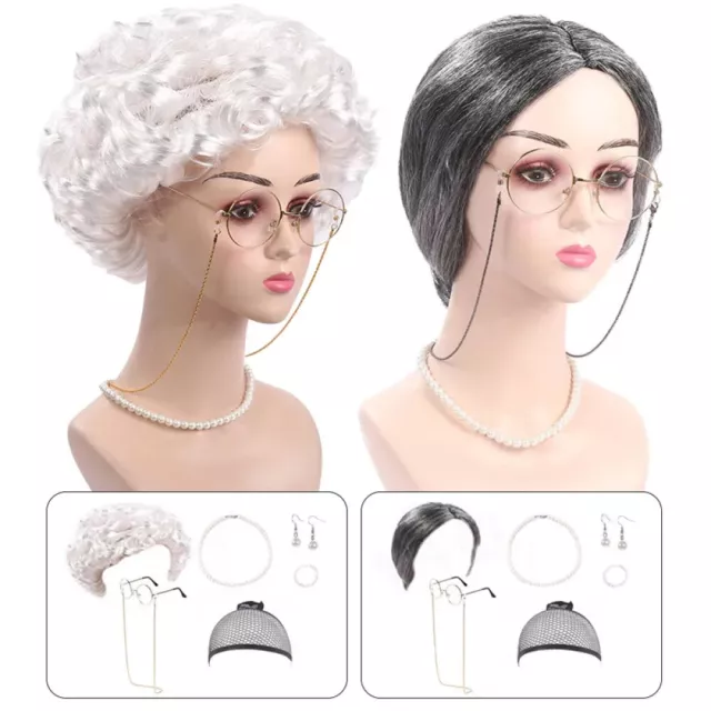 7PCS/Set Grandma Wig Old Lady Dress Up Granny Costume Adult & Kid Masquerade