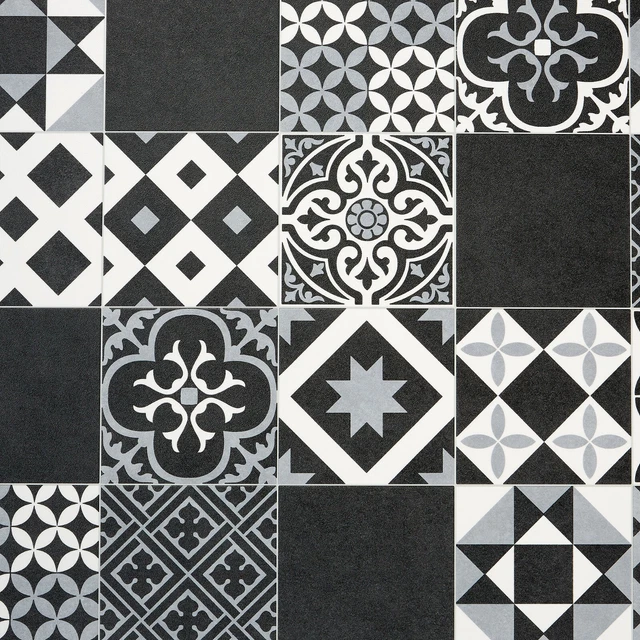 MOROCCAN LINO FLOORING Black Grey Patchwork Kitchen Tiles Foam Sheet