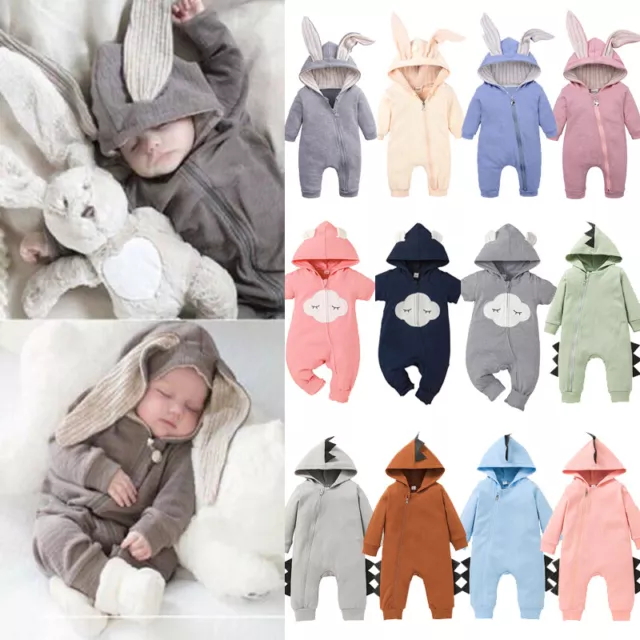 Newborn Baby Boys Girls Rabbit Ear Hooded Romper Jumpsuit Bodysuit Outfit Set