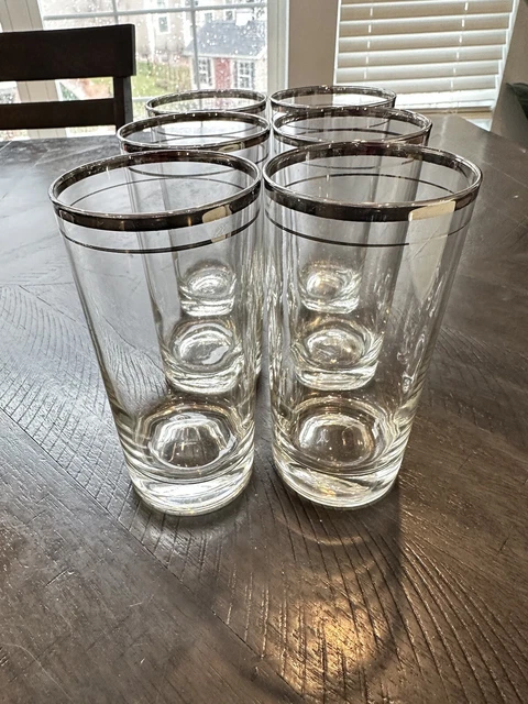 6 Javit Ice Tea. Water,Hi Ball Drinking Glasses Double Platinum Ring