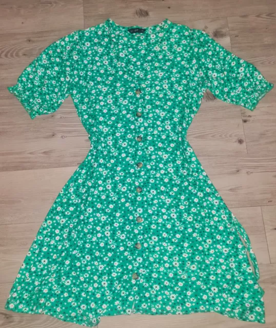 F&F Green White Ditsy Floral 90s Pretty Button Up Stretch Summer Dress 12 14