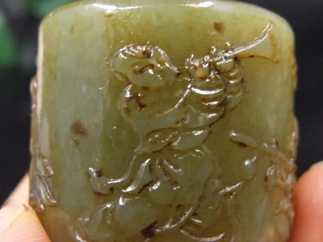 Antique Chinese Celadon Nephrite Hetian-old Jade Hundred boy Archer's Thumb RING