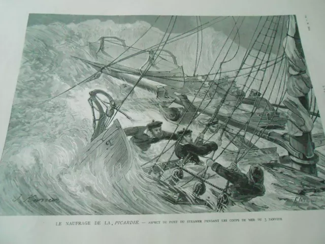 Gravure 1883 - Le naufrage de la Picardie aspect du pont pendant coups de mer