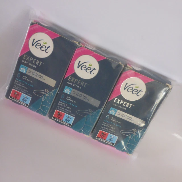 3 x Veet Expert Kaltwachsstreifen, je 40 Streifen, 4 Finish Tücher, mit Mandelöl