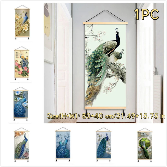 Wall Hanging Pictures Peacock Printed Poster Wooden Scroll Painting Wall Art