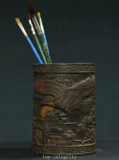 5.9" Collect China Pure Bronze Fengshui Eagle Hawk Bird Brush Pot Pencil Vase