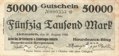 Hourdeaux Bing Bing Lichtenfels Lochentwertung 50 Mille Marchi Notgeld 