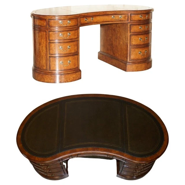 Stunning Vintage Burr Walnut Green Leather Kidney Desk With Stunning Timber