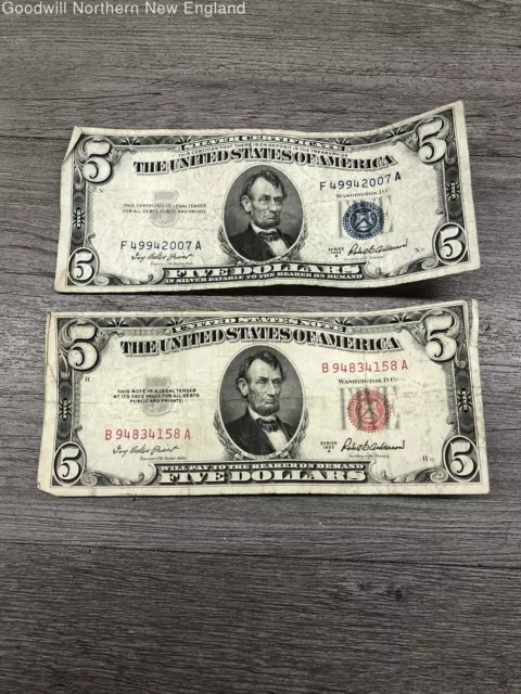 Series 1953 US 5 Five Dollar Bill & 5 Silver Certificate Red Blue Seals