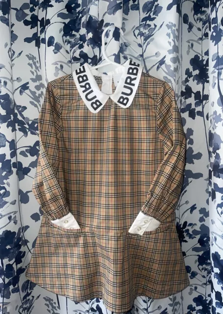 Burberry Kids Girls Logo Print Collar Long Sleeve Nova Check Biege Dress Size 6Y