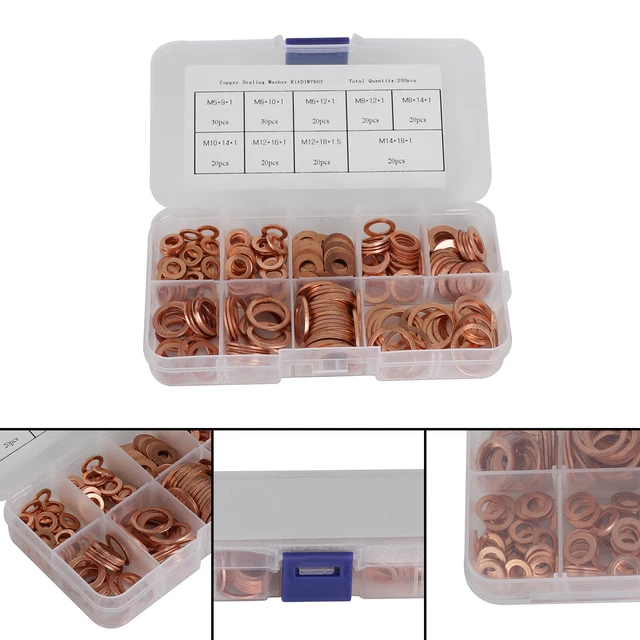 200Pcs Assortiment Solid Cuivre Crush Bague Rondelles Set Kit Joint Plat M5-M14
