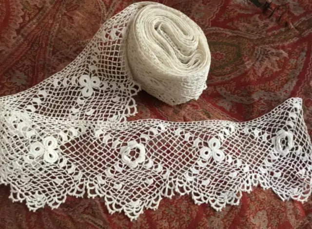 Roll Antique French Crochet Lace Trimming Handmade Scallop Edge Florals Unused