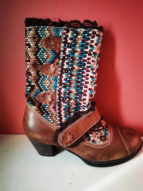 BOTTINES BOTTES CUIR Marron Textile Marron Prune Turquoise T 37