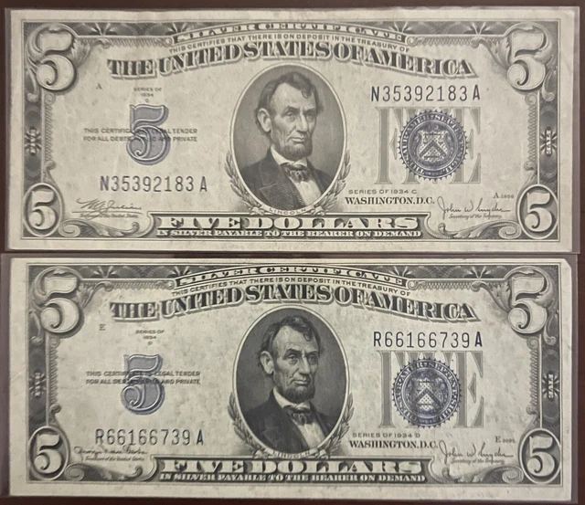 1934 C,D $5 Silver Certificate Note Blue Seal FINE/EXTRA FINE Condition SET OF 2