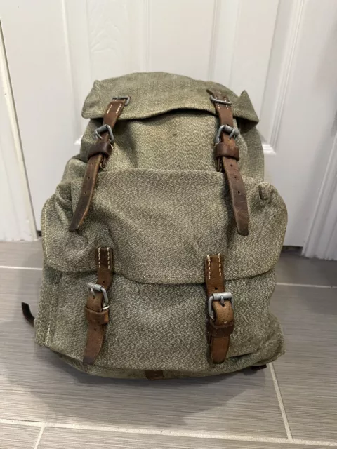 Swiss Army Sattler Backpack 40s Vtg Salt and Pepper Military Leather Canvas