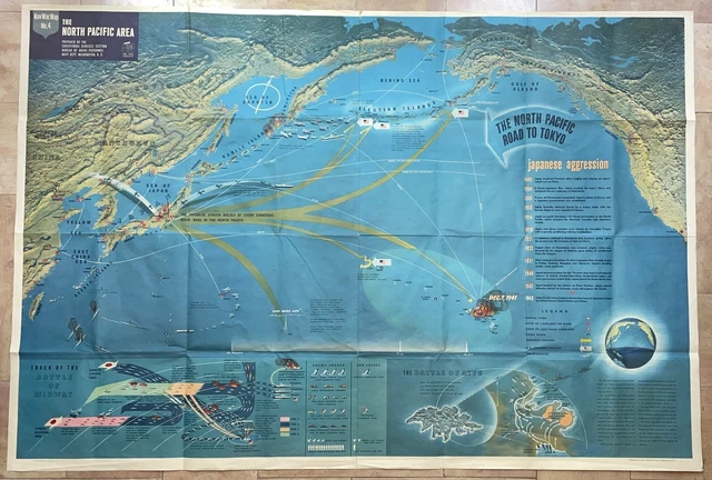 WORLD WAR II The North Pacific & North Sea Area 1944 Large Pictorial ...