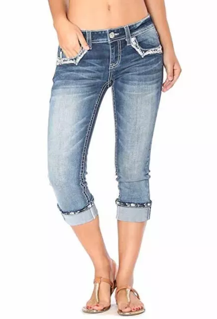 Grace In LA Jeans Plus Capri Mid Rise Cropped Embroidered Bling Stretch Cuffed 2