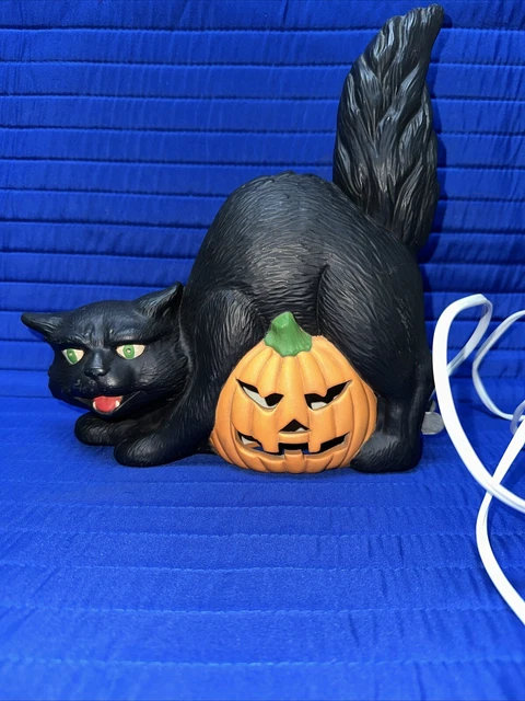 VINTAGE CERAMIC BLACK Cat Pumpkin Jack O Lantern Lighted Halloween ...