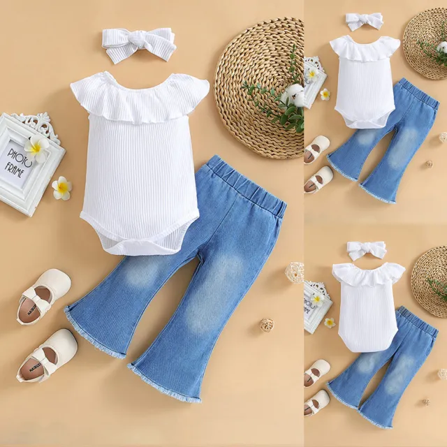 Baby Girls Solid Romper Tops+Denim Flare Jeans Sets Summer Infant Outfits 2PCS