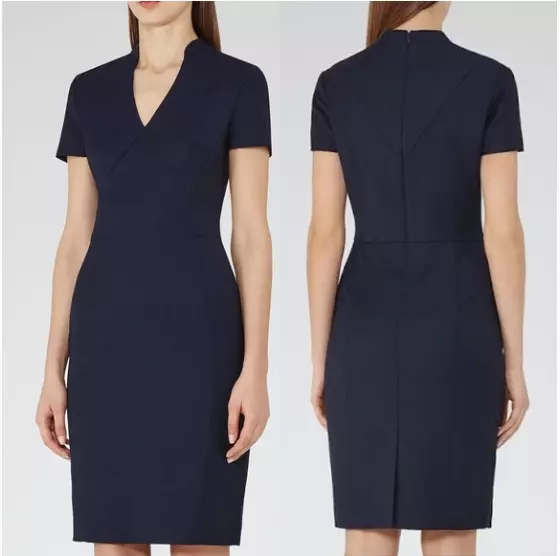 Reiss Indi Textured Tailored Sheath Dress Sz 8 Dark Navy Blue Short Sleeve Wool