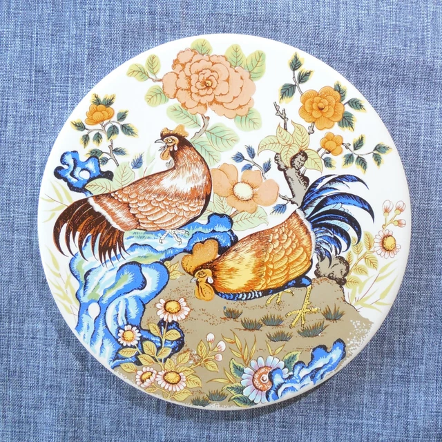 H & R Johnson Round Tile Trivet from ENGLAND Exotic Japanese Garden Roosters