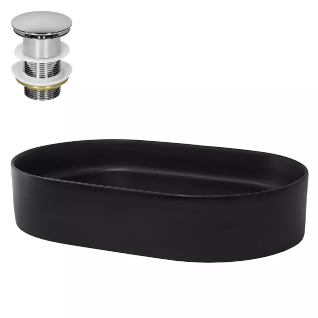 Lavabo negro mate cerámico 610x395x125 mm ovalado con juego de desagüe plateado