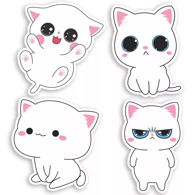 4 x 10cm Cute White Cats Vinyl Stickers - Kitten Cat Lucky Sticker Laptop #34207