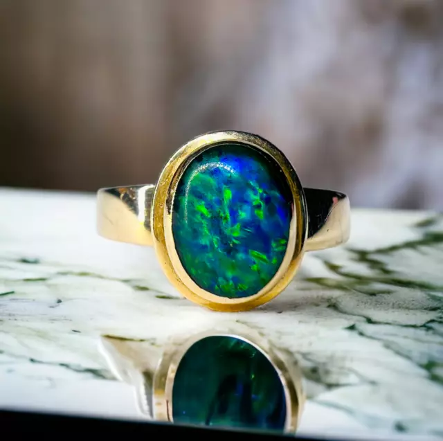 10k Gold Australian Opal Ring Black Opal Ring Size 6.75 Anniversary Gift 2.9g