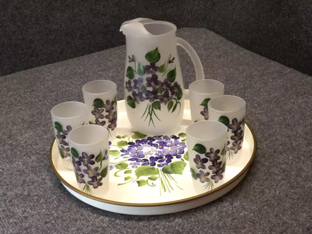 Glass Ice Tea Set Lemonade Pitcher Tray 6 Glasses Handpainted Violets Floral VTG