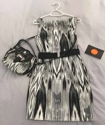 Karen Millen Ikat Back White Zig Zag Print Dress UK 10-12 EU 40 & Hand Bag Set