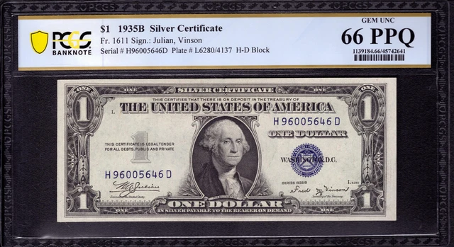 1935 B $1 Silver Certificate Note Fr.1611 Hd Block Pcgs B  Gem Unc 66 Epq (646D)
