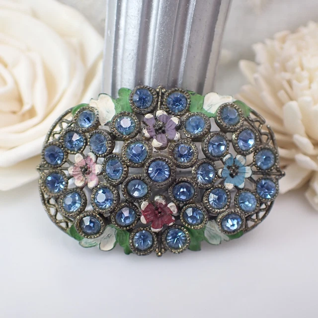 Art Deco Blue Crystal Cluster Enamel Flower Oval Pot Metal Pin Brooch